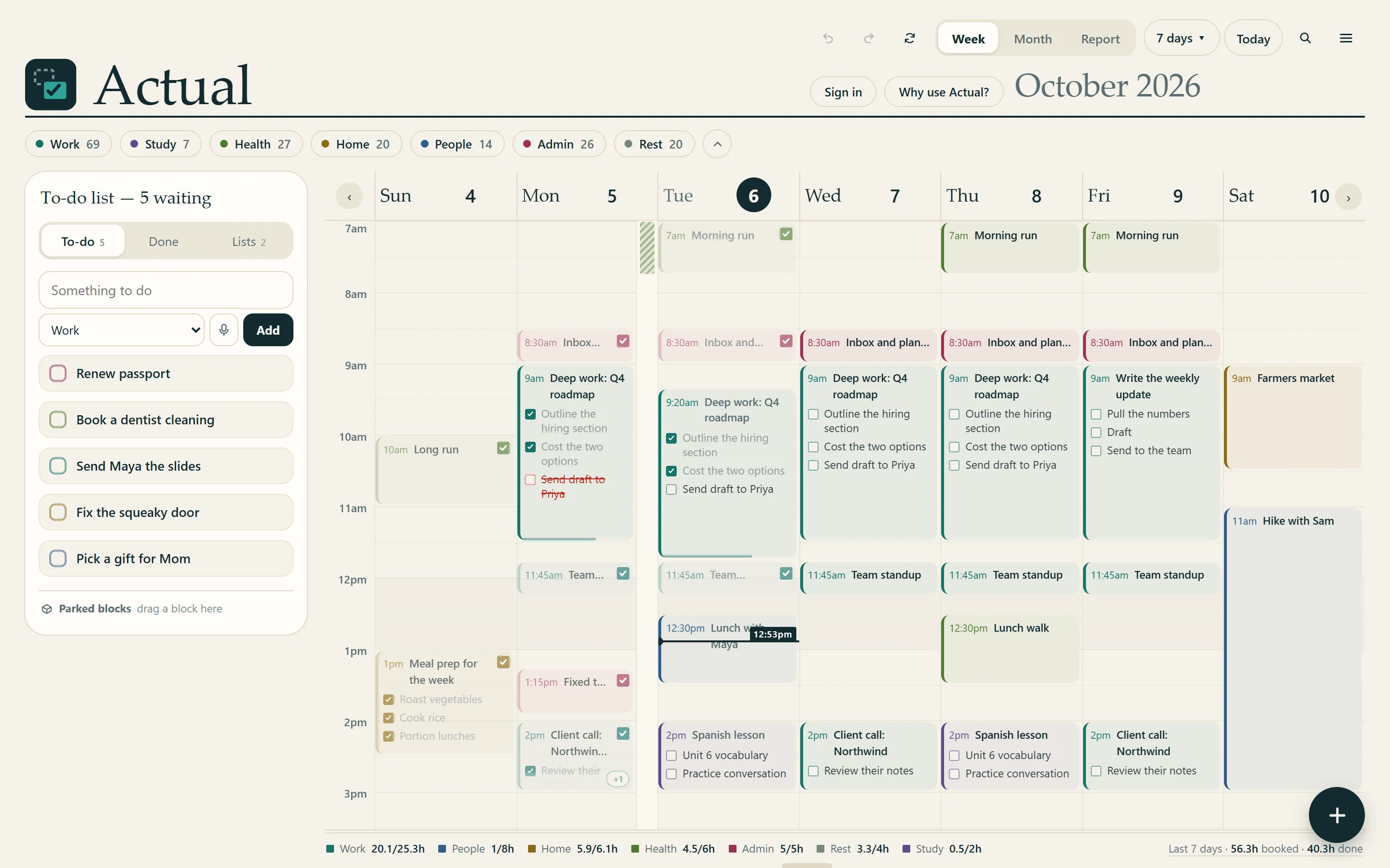 Actual's week view on a laptop: Sunday to Saturday in blocks, the morning's blocks ticked off, a to-do list on the left