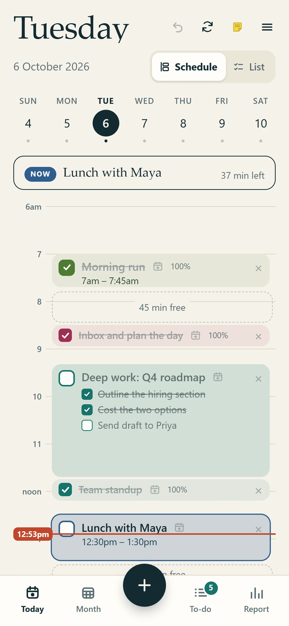 Actual on a phone: today's schedule, with lunch happening now and the morning's blocks done
